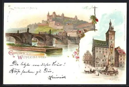 Lithographie Würzburg, Mainbrücke mit Festung, Rathaus, Rote Blumen