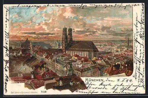 Lithographie München, Teilansicht aus der Vogelschau