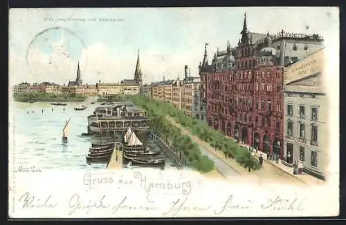 Lithographie Hamburg, Alter Jungfernstieg und Alsterdamm mit Hotel Hamburger Hof