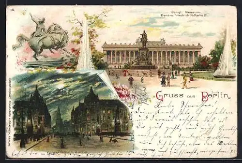 Lithographie Berlin, Kaiser Wilhelm Brücke, Kgl Museum und Denkmal Friedrich Wilhelm III.