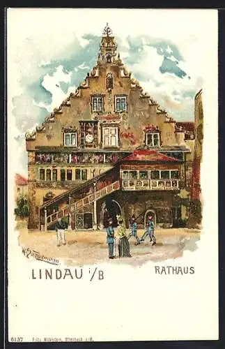 Künstler-Lithographie Lindau / Bodensee, Blick auf das Rathaus