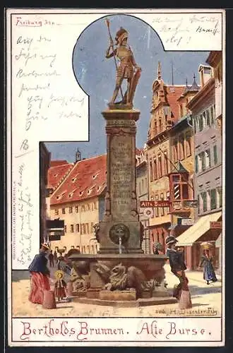 Künstler-AK Freiburg / Breisgau, Bertholds Brunnen, Alte Burse, Leute am Brunnen