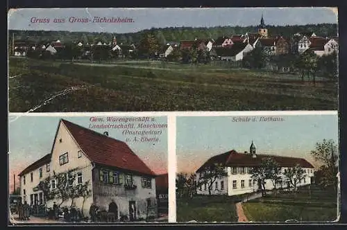 AK Gross-Eicholzheim, Gem. Warengeschäft und Landwirtschaftl. Maschinen A. Eberle, Schule und Rathaus, Ortsansicht