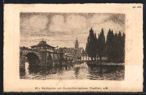 Künstler-AK Frankfurt a. M., Alte Mainbrücke mit Deutschherrenhaus