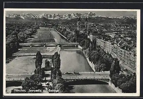 AK München, Isarpartie mit Gebirge