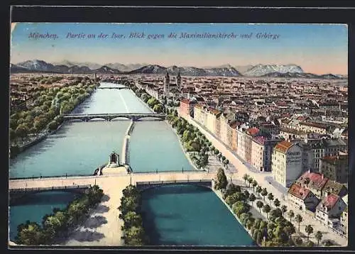 AK München, Partie an der Isar, Blick gegen die Maximilianskirche und Gebirge