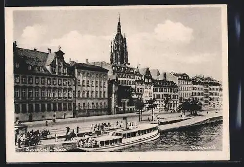 AK Frankfurt a. Main, Mainpartie mit Kirche und Dampfer