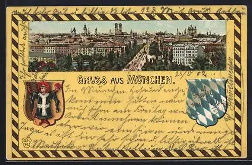 Lithographie München, Ortsansicht aus der Vogelschau, Passepartout mit Münchner und bayrischem Wappen