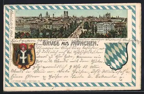 Lithographie München, Ortsansicht im Passepartout mit Münchener und bayrischem Wappen