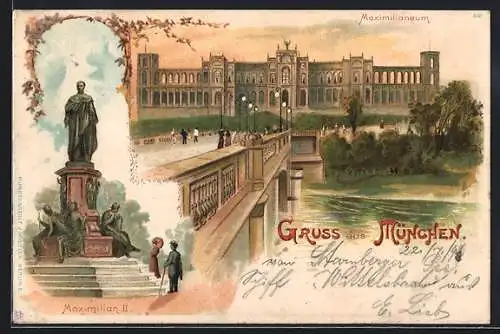 Lithographie München-Haidhausen, Blick auf Maximilianeum u. Denkmal Maximilian II.