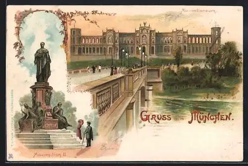 Lithographie München-Haidhausen, Blick auf Maximilianeum u. Denkmal Maximilian II.