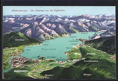 AK Gmunden, Landkarte mit Traunsee und umliegenden Ortschaften, Gipfelpanorama