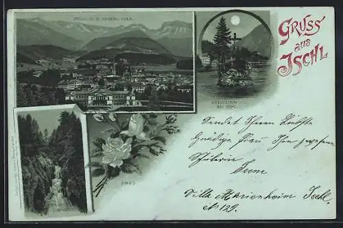 Mondschein-Lithographie Ischl, Rettenbach-Wildnis, Kreuzstein, Panorama mit Kaiserl. Villa