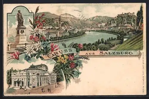 Lithographie Salzburg, Mozart-Denkmal., Stadttheater, Ortsansicht mit Fluss und Burg