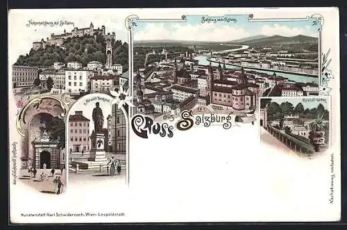 Lithographie Salzburg, Mozart-Denkmal, Hohensalzburg, Neuthor