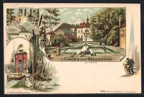 Lithographie Salzburg, Schloss Hellbrunn, Neptungrotte & Marmorbassin