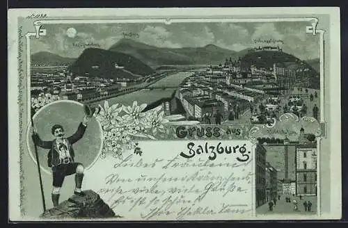 Mondschein-Lithographie Salzburg, Elektrischer Aufzug, Panorama mit Kapuzinerberg und Gaisberg