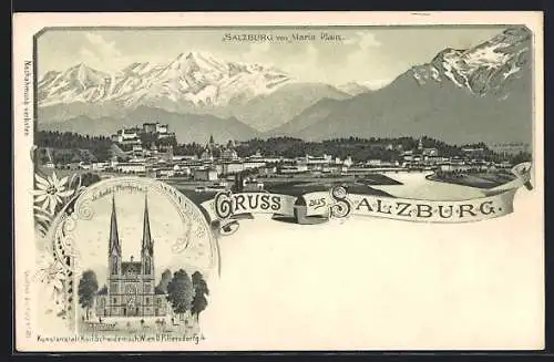 Lithographie Salzburg, St. Andrä Pfarrkirche, Panorama von Maria Plain aus