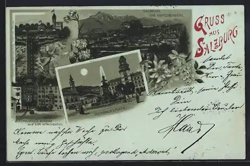 Mondschein-Lithographie Salzburg, Residenzplatz, Electrischer Aufzug auf den Mönchsberg