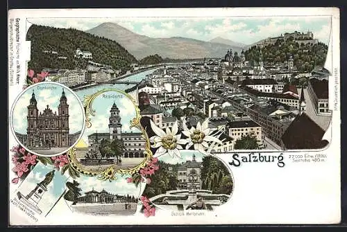 Lithographie Salzburg, Kurhaus, Residenz, Domkirche