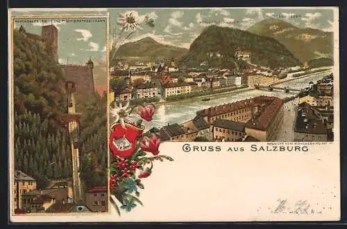 Lithographie Salzburg, Uferpartie mit Kapuzinerberg und Gaisberg, Hohensalzburg mit Drahtseilbahn