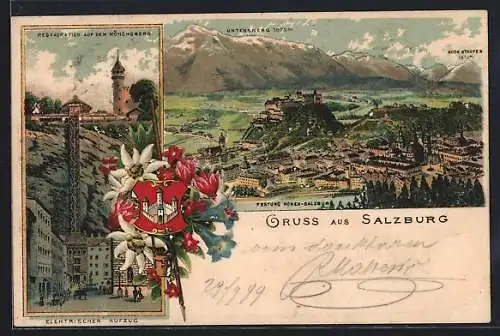 Lithographie Salzburg, Restaurant auf dem Mönchsberg, Festung Hohen-Salzburg mit Untersberg u. Hoch Stau