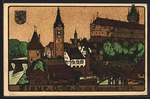 Steindruck-AK Steyr, die alte Eysnstadt 1584