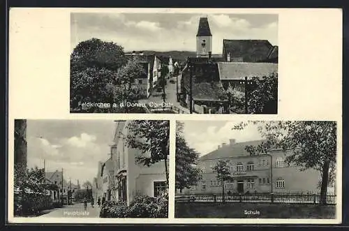 AK Feldkirchen a.d.D., Strassenpartie, Hauptplatz, Schule