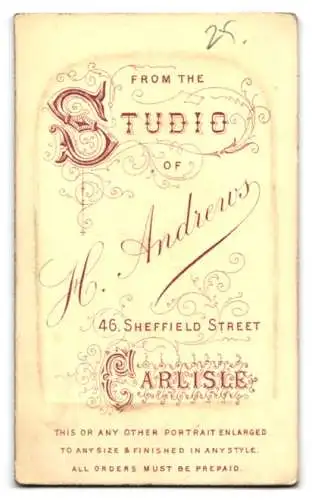 Fotografie H. Andrews, Carlisle, Sheffield Street 46, Porträt eines Mannes mit Schnurrbart