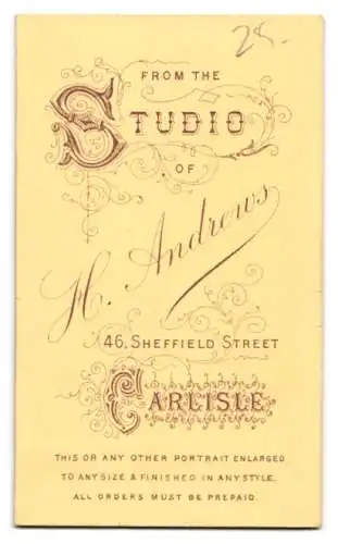 Fotografie H. Andrews, Carlisle, Sheffield Street 46, Dame in elegantem Kleid mit Buch