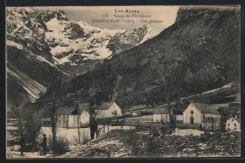 AK Champoléon, vue générale du village avec les montagnes enneigées au fond
