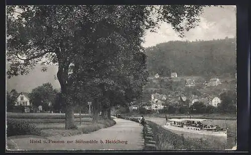 AK Heidelberg / Neckar, Teilansicht mit Dampfer vorne auf dem Fluss, Hotel u. Pension zur Stiftsmühle