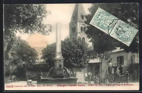 AK Chorges /Hautes Alpes, Place du Fort, Ligne de Gap à Briancon