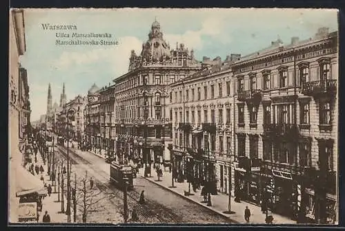 AK Warschau-Warszawa, Ulica Marszalkowska, Strassenansicht mit Strassenbahn