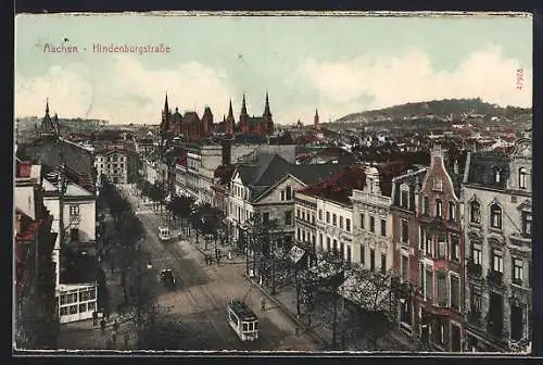 AK Aachen, Hindenburgstrasse mit Strassenbahnen von oben gesehen