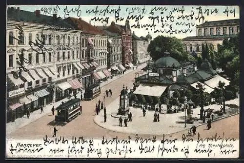 AK Hannover, Am Theaterplatz mit Café Kröpcke und Strassenbahn