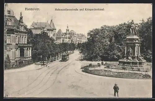 AK Hannover, Hohenzollernstrasse und Kriegerdenkmal, Strassenbahn