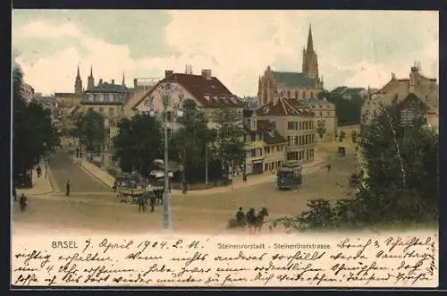 AK Basel, Strassenbahn auf der Steinenthorstrasse in der Steinenvorstadt, Pferdekutsche