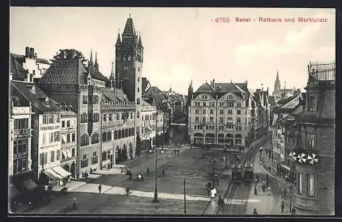 AK Basel, Strassenbahn vor dem Rathaus auf dem Marktplatz