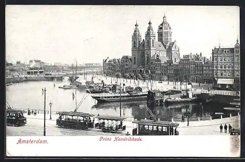 AK Amsterdam, Prins Hendrikkade, Hafenpartie mit Strassenbahn