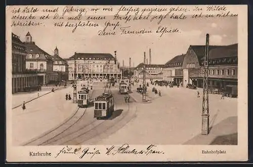 AK Karlsruhe, Bahnhofplatz mit Strassenbahn