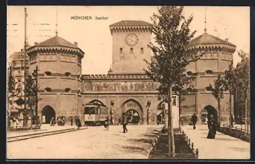 AK München, Isartor, Strassenbahn, Litfasssäule