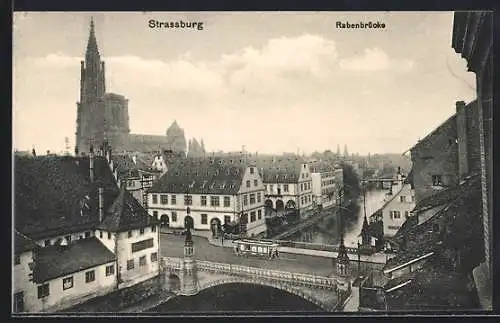 AK Strassburg, Rbenbrücke mit Kirche und Strassenbahn