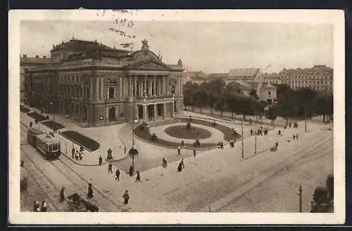 AK Brünn, Stadttheater und Künstlerhaus mit Strassenbahn