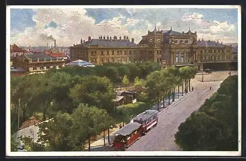 AK Brünn, Partie am Bahnhof mit Strassenbahn