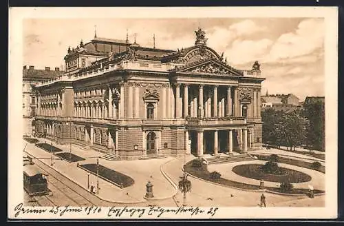 AK Brünn, Stadttheater mit Strassenbahn