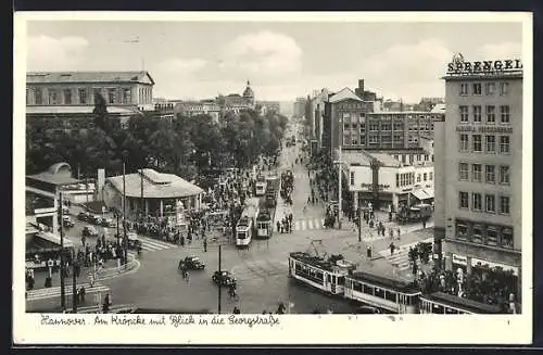 AK Hannover, Geschäftshaus von Sprengel am Kröpcke und Georgstrasse mit Strassenbahn