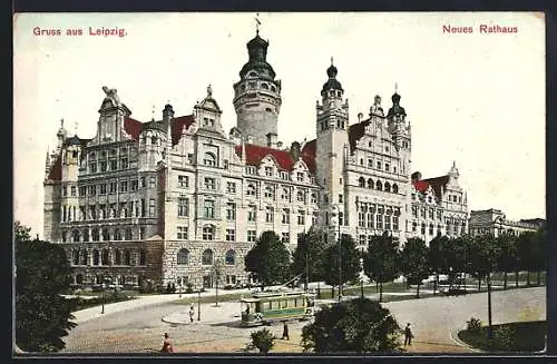 AK Leipzig, Neues Rathaus mit Strassenbahn