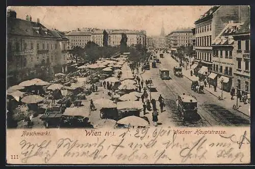 AK Wien, Naschmarkt, Wiedner Hauptstrasse mit Pferdebahn