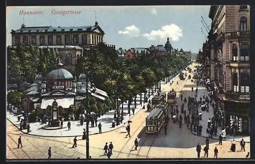 AK Hannover, Cafe Kröpcke und Georgstrasse mit Strassenbahn